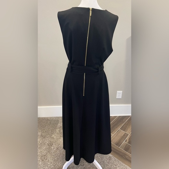 Calvin Klein size12 Belted Midi Black Dress Gold zip sleeveless cocktail formal - Picture 7 of 13